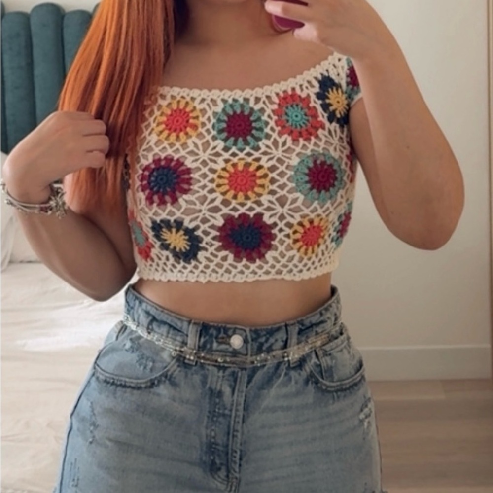 Colorful Crochet Floral Crop Top
